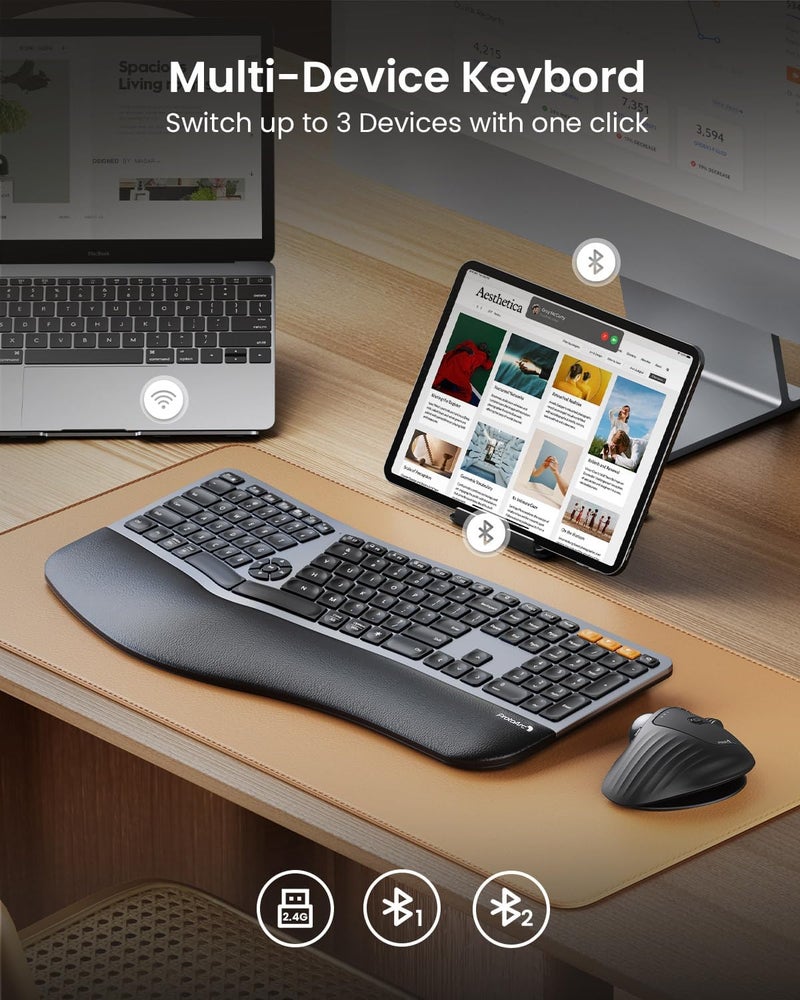 ProtoArc Backlit Bluetooth Ergonomic Keyboard, EK01 Plus Full Size Wireless Split Keyboard with Dual Bluetooth and USB, Cushioned Wrist Rest, Rechargeable for Windows/Mac/Android, Grey Black - Image 4